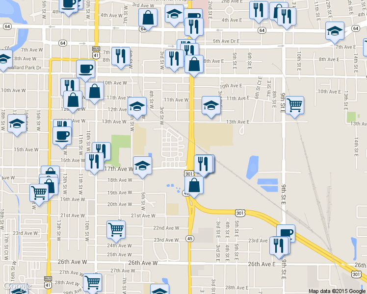 map of restaurants, bars, coffee shops, grocery stores, and more near 101 15th Avenue Circle West in Bradenton