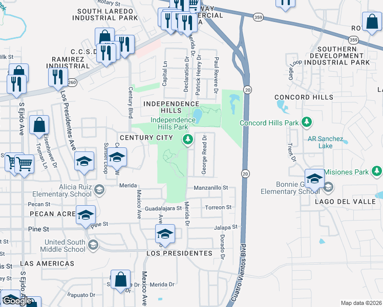 map of restaurants, bars, coffee shops, grocery stores, and more near 824 Witherspoon Loop in Laredo