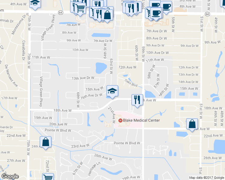 map of restaurants, bars, coffee shops, grocery stores, and more near 1413 63rd Street West in Bradenton