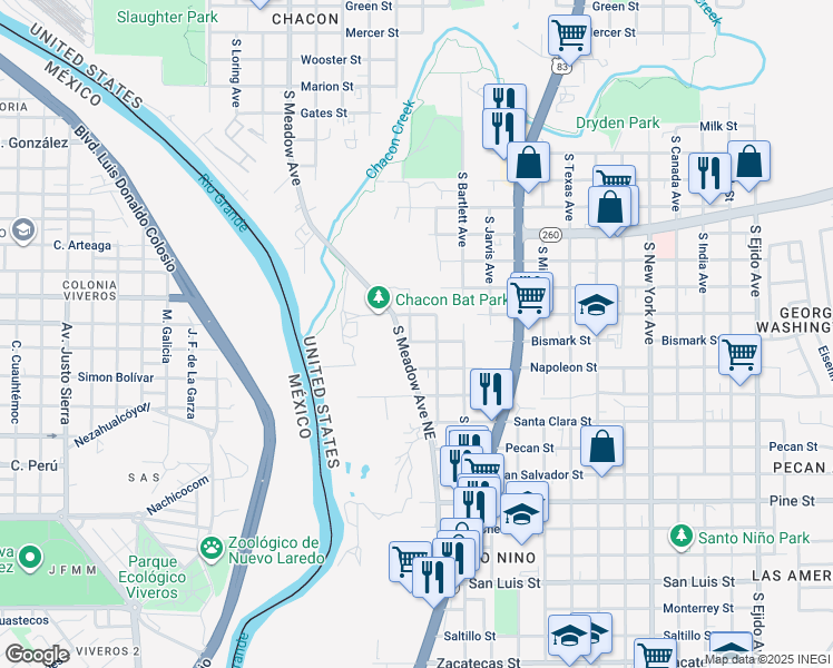 map of restaurants, bars, coffee shops, grocery stores, and more near 2004 Bismark Street in Laredo