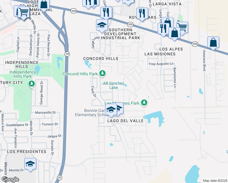 map of restaurants, bars, coffee shops, grocery stores, and more near 1140 Savannah Loop in Laredo