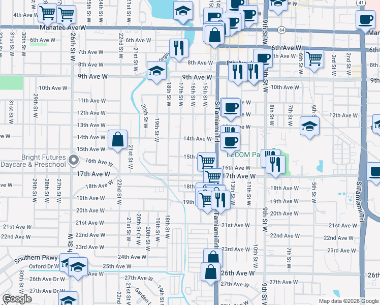 map of restaurants, bars, coffee shops, grocery stores, and more near 1612 15th Avenue West in Bradenton