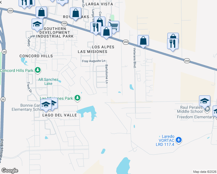 map of restaurants, bars, coffee shops, grocery stores, and more near 815 Bartolome Lane in Laredo