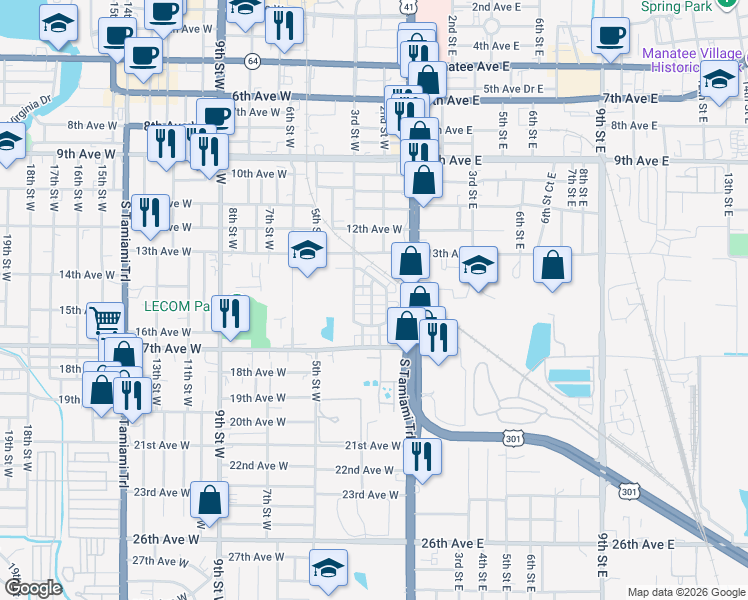 map of restaurants, bars, coffee shops, grocery stores, and more near 211 15th Avenue West in Bradenton