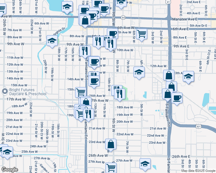 map of restaurants, bars, coffee shops, grocery stores, and more near 1502 10th Street West in Bradenton