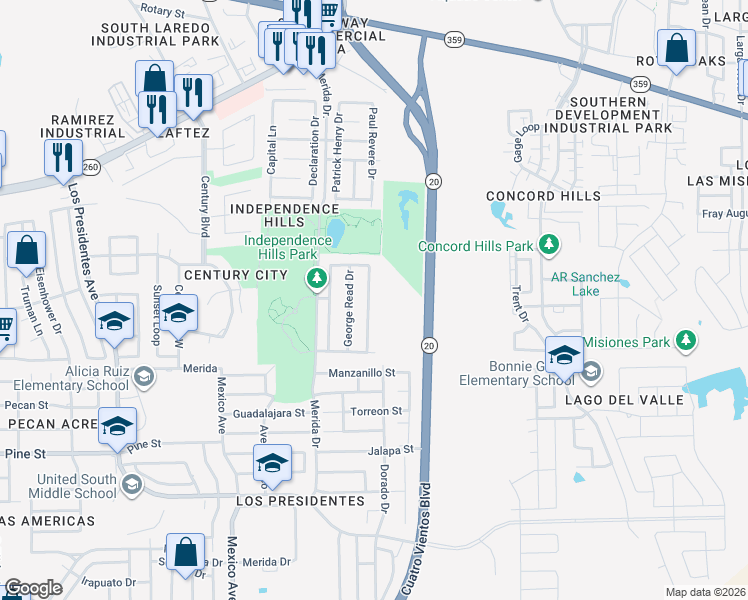 map of restaurants, bars, coffee shops, grocery stores, and more near 968 Witherspoon Loop in Laredo