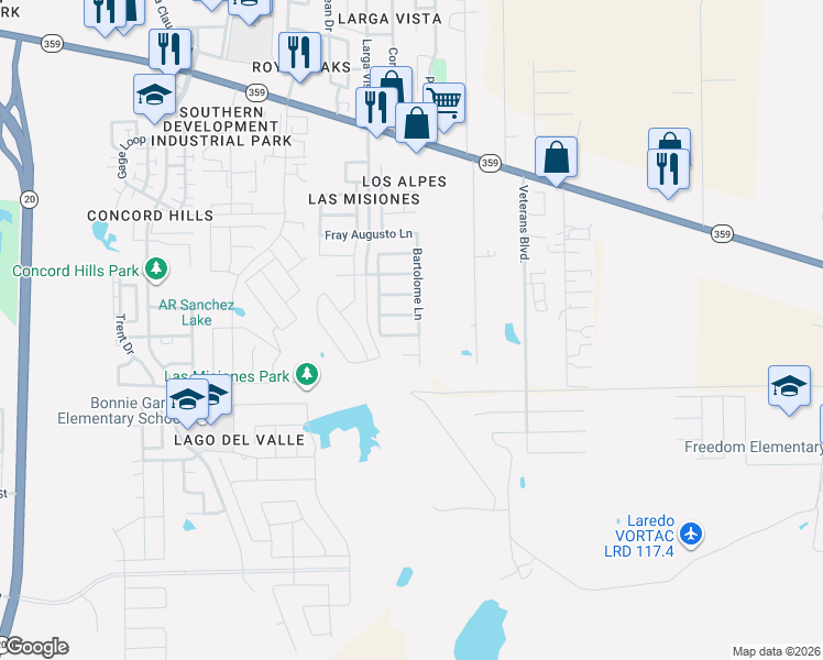map of restaurants, bars, coffee shops, grocery stores, and more near 6111 Fraile Drive in Laredo