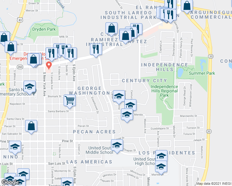 map of restaurants, bars, coffee shops, grocery stores, and more near 117 Kennedy Loop in Laredo