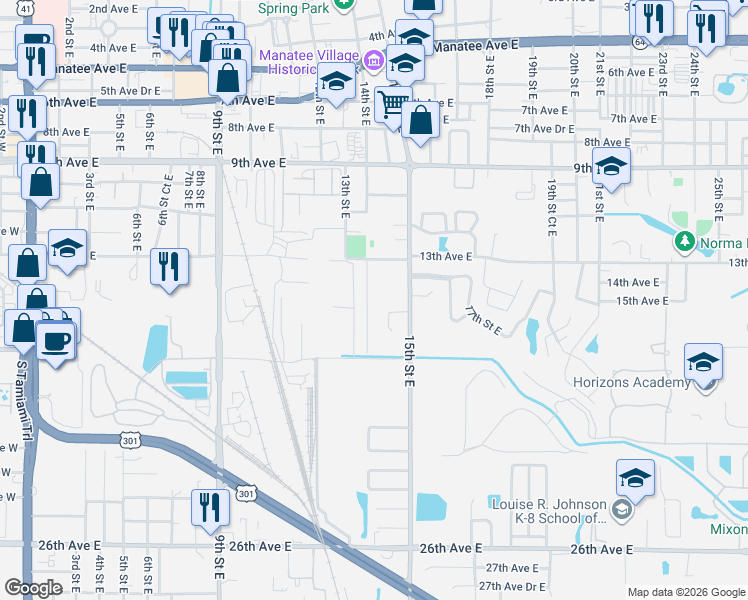map of restaurants, bars, coffee shops, grocery stores, and more near 1501 14th Street East in Bradenton