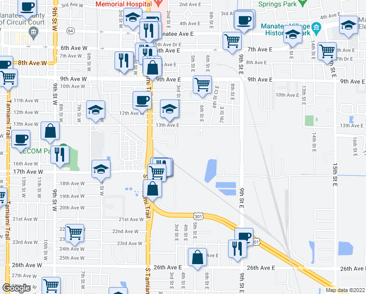 map of restaurants, bars, coffee shops, grocery stores, and more near 202 13th Avenue East in Bradenton
