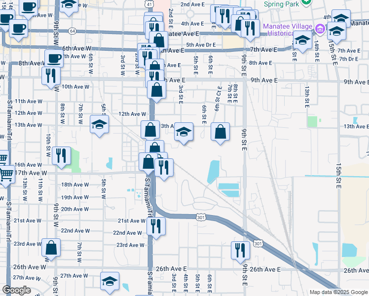map of restaurants, bars, coffee shops, grocery stores, and more near 202 13th Avenue East in Bradenton