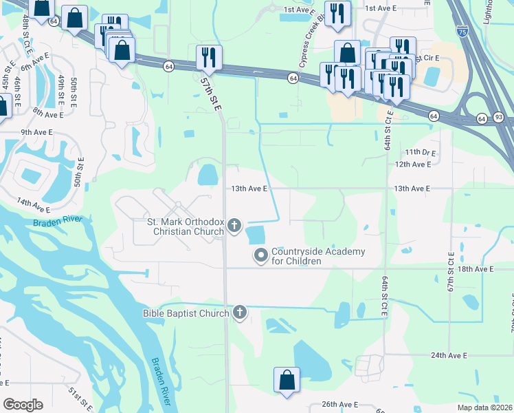 map of restaurants, bars, coffee shops, grocery stores, and more near 5804 13th Avenue East in Bradenton