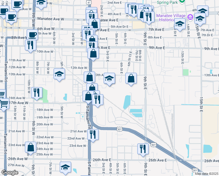 map of restaurants, bars, coffee shops, grocery stores, and more near 202 13th Avenue East in Bradenton