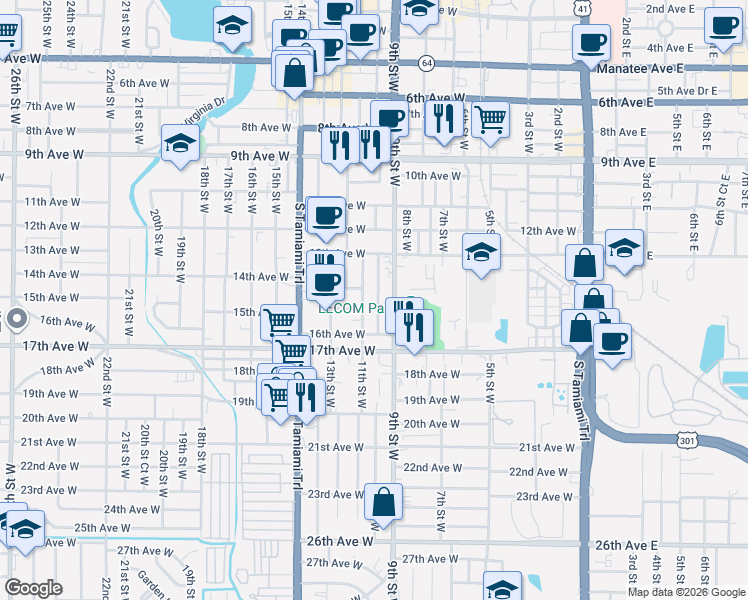 map of restaurants, bars, coffee shops, grocery stores, and more near 1502 10th Street West in Bradenton