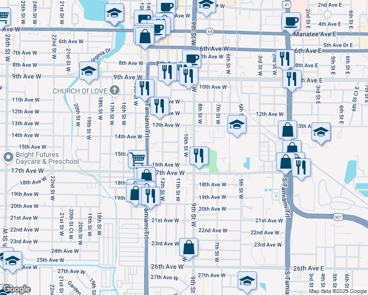 map of restaurants, bars, coffee shops, grocery stores, and more near 1502 10th Street West in Bradenton