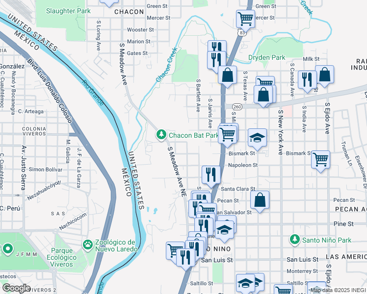map of restaurants, bars, coffee shops, grocery stores, and more near 2004 Bismark Street in Laredo