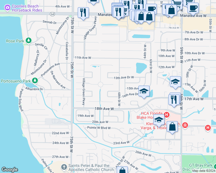 map of restaurants, bars, coffee shops, grocery stores, and more near 1506 70th Street West in Bradenton