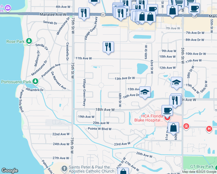 map of restaurants, bars, coffee shops, grocery stores, and more near 6913 Vista Bella Drive in Bradenton