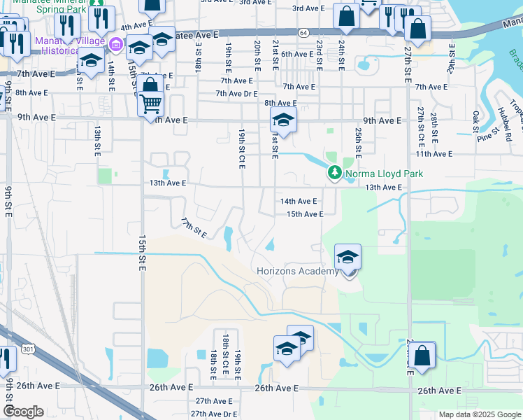 map of restaurants, bars, coffee shops, grocery stores, and more near 2009 15th Avenue East in Bradenton