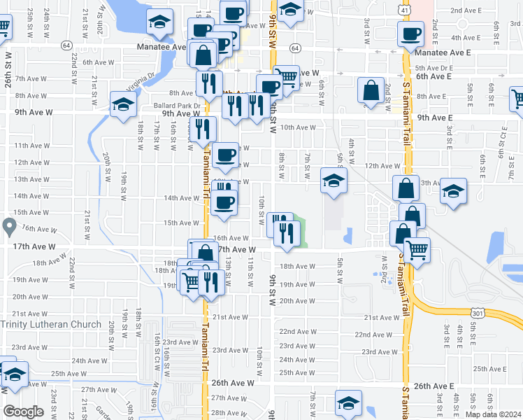 map of restaurants, bars, coffee shops, grocery stores, and more near 1502 10th Street West in Bradenton
