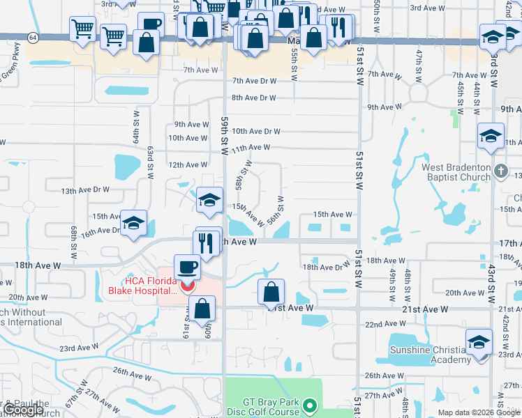 map of restaurants, bars, coffee shops, grocery stores, and more near 5621 15th Avenue West in Bradenton