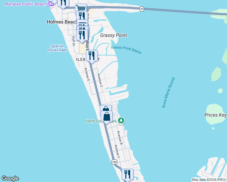 map of restaurants, bars, coffee shops, grocery stores, and more near 502 Bayview Drive in Holmes Beach
