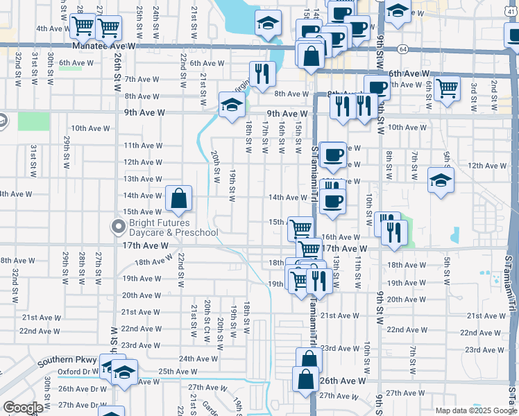 map of restaurants, bars, coffee shops, grocery stores, and more near 1612 15th Avenue West in Bradenton