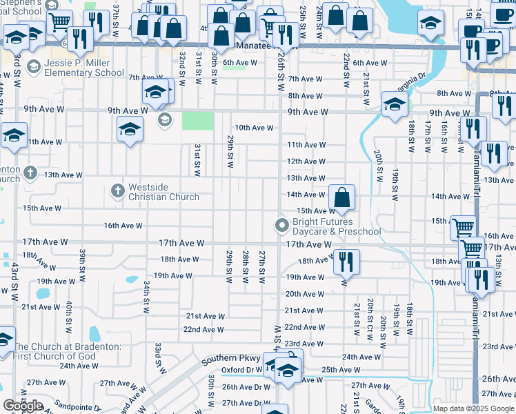 map of restaurants, bars, coffee shops, grocery stores, and more near 1505 27th Street West in Bradenton