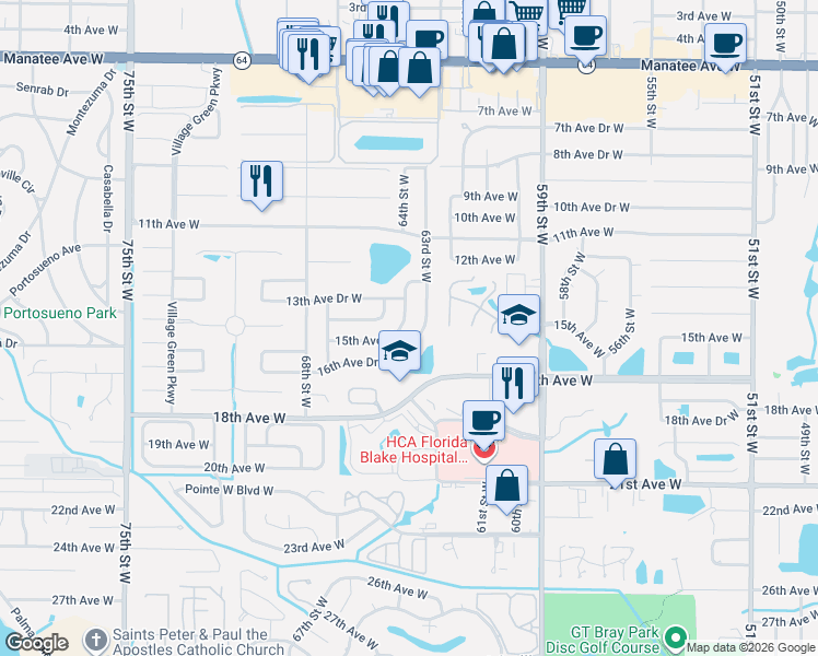map of restaurants, bars, coffee shops, grocery stores, and more near 6320 16th Avenue Drive West in Bradenton