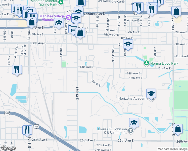 map of restaurants, bars, coffee shops, grocery stores, and more near 1414 17th Street Circle in Bradenton