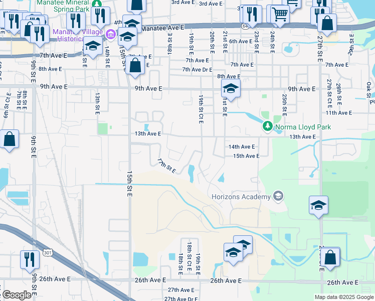 map of restaurants, bars, coffee shops, grocery stores, and more near 1455 17th Street Circle East in Bradenton