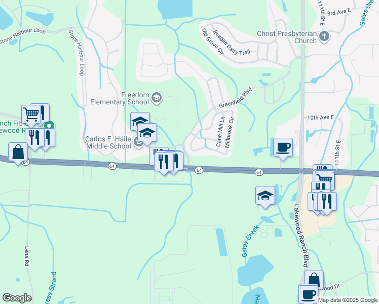 map of restaurants, bars, coffee shops, grocery stores, and more near 1479 Millbrook Circle in Bradenton