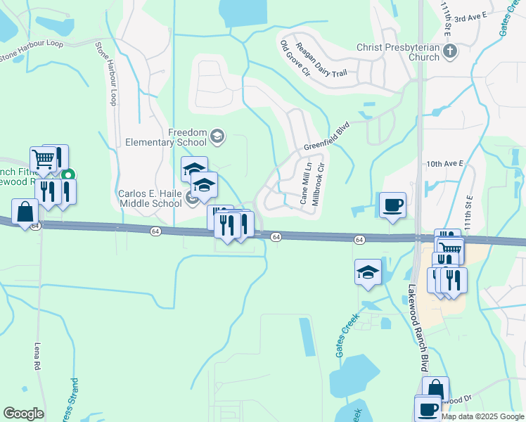 map of restaurants, bars, coffee shops, grocery stores, and more near 1479 Millbrook Circle in Bradenton