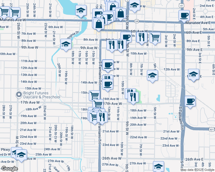map of restaurants, bars, coffee shops, grocery stores, and more near 1327 13th Street West in Bradenton