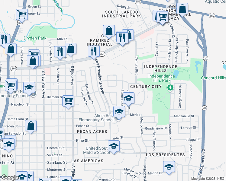 map of restaurants, bars, coffee shops, grocery stores, and more near 1115 Lost Creek Loop South in Laredo