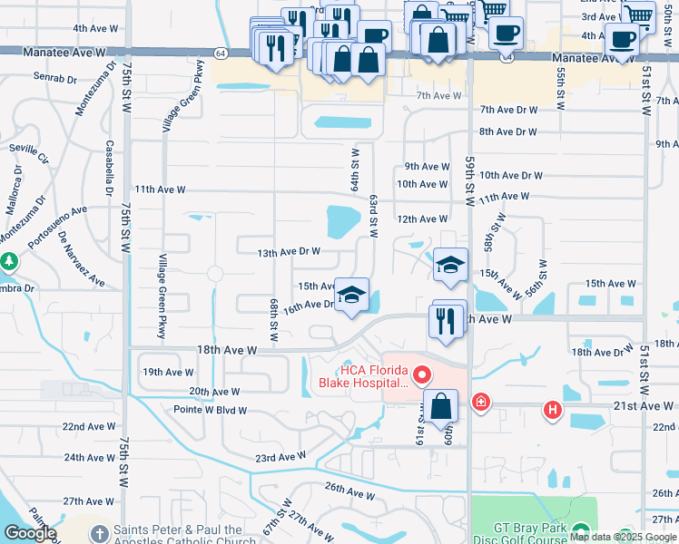 map of restaurants, bars, coffee shops, grocery stores, and more near 1310 64th Street West in Bradenton