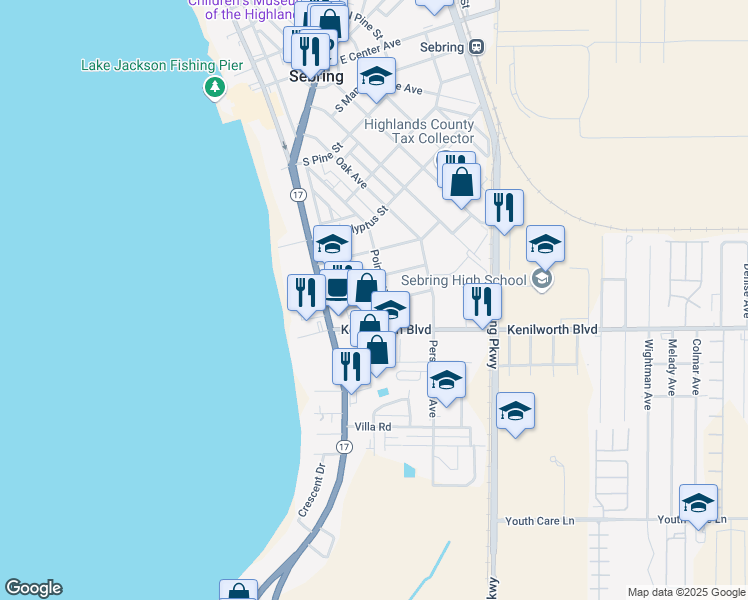 map of restaurants, bars, coffee shops, grocery stores, and more near 728 Poinsettia Avenue in Sebring