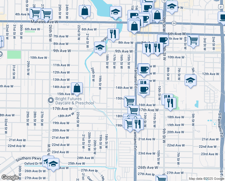 map of restaurants, bars, coffee shops, grocery stores, and more near 1612 14th Avenue West in Bradenton
