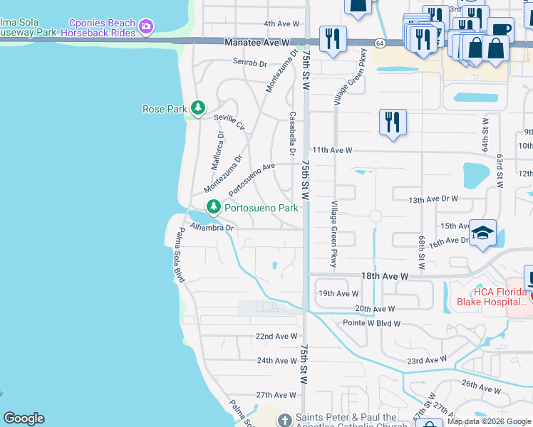 map of restaurants, bars, coffee shops, grocery stores, and more near 1210 De Narvaez Avenue in Bradenton