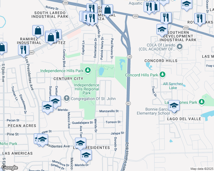 map of restaurants, bars, coffee shops, grocery stores, and more near 847 George Read Drive in Laredo