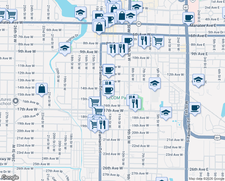 map of restaurants, bars, coffee shops, grocery stores, and more near 1327 13th Street West in Bradenton