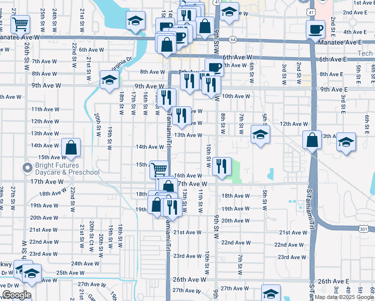 map of restaurants, bars, coffee shops, grocery stores, and more near 1327 13th Street West in Bradenton