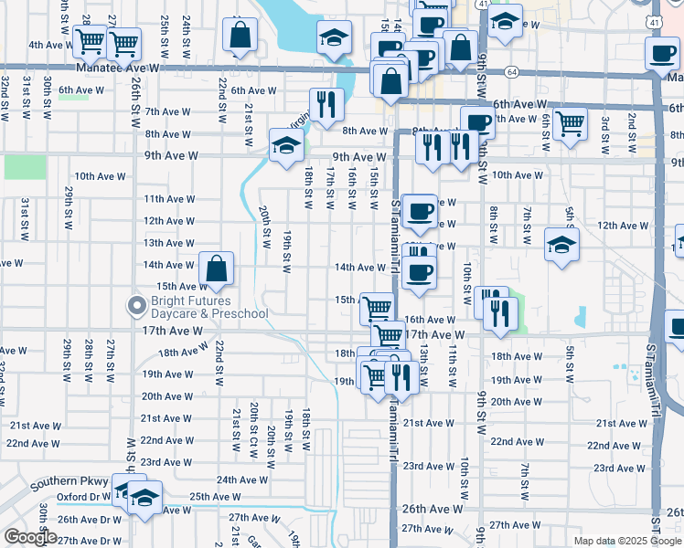 map of restaurants, bars, coffee shops, grocery stores, and more near 1612 14th Avenue West in Bradenton