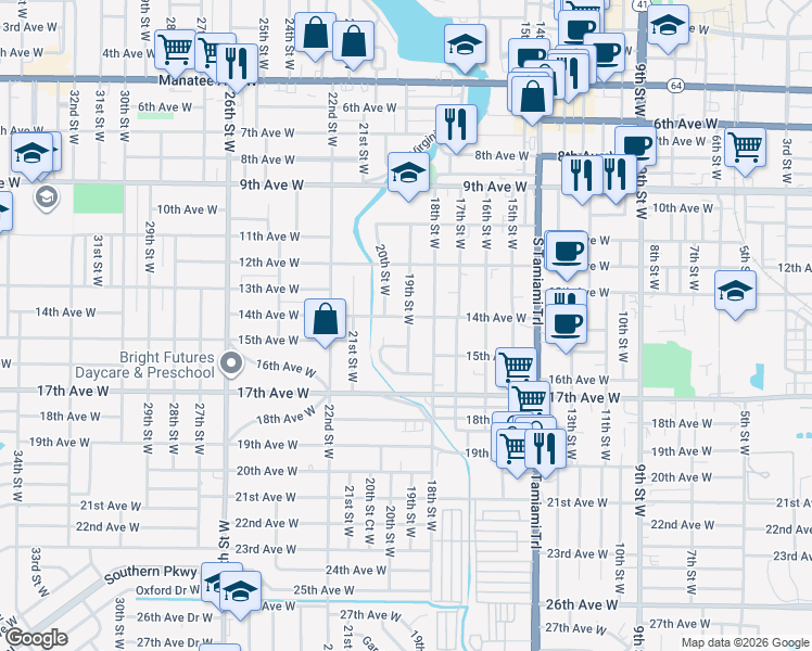 map of restaurants, bars, coffee shops, grocery stores, and more near 1906 14th Avenue West in Bradenton