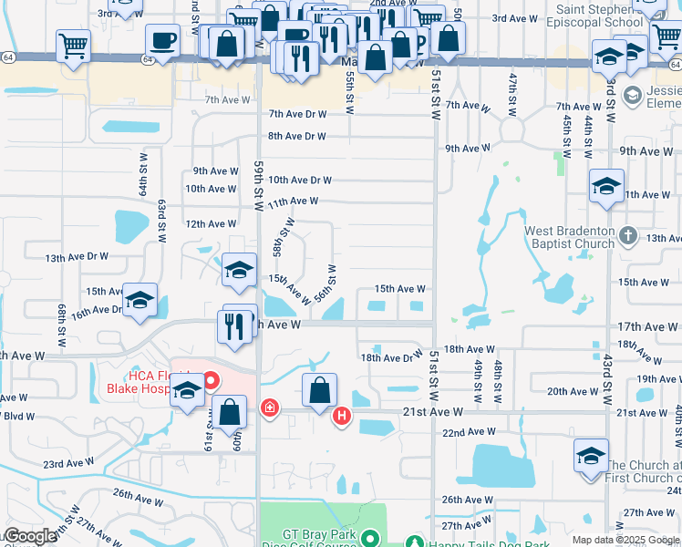 map of restaurants, bars, coffee shops, grocery stores, and more near 1415 56th Street West in Bradenton