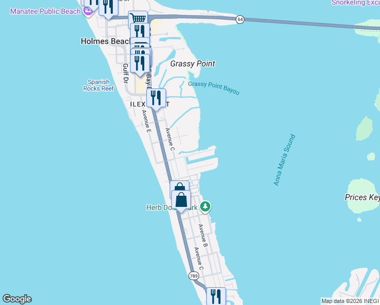 map of restaurants, bars, coffee shops, grocery stores, and more near 2808 Avenue A in Bradenton Beach
