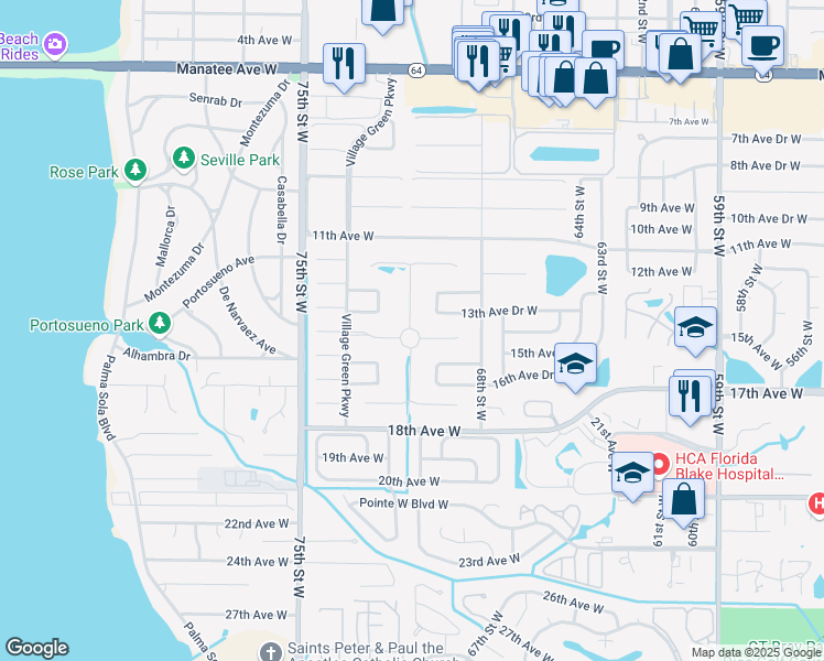 map of restaurants, bars, coffee shops, grocery stores, and more near 1401 Village Green Parkway in Bradenton