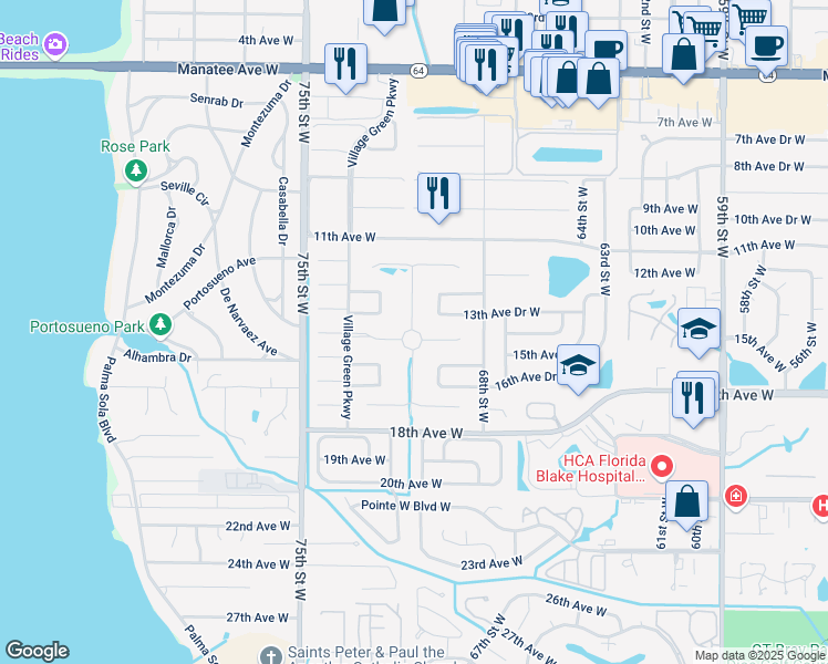 map of restaurants, bars, coffee shops, grocery stores, and more near 1401 Village Green Parkway in Bradenton