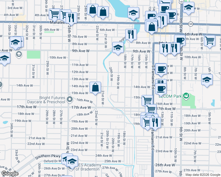 map of restaurants, bars, coffee shops, grocery stores, and more near 1906 14th Avenue West in Bradenton