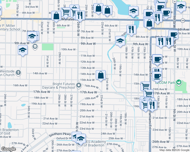 map of restaurants, bars, coffee shops, grocery stores, and more near 2210 14th Avenue West in Bradenton